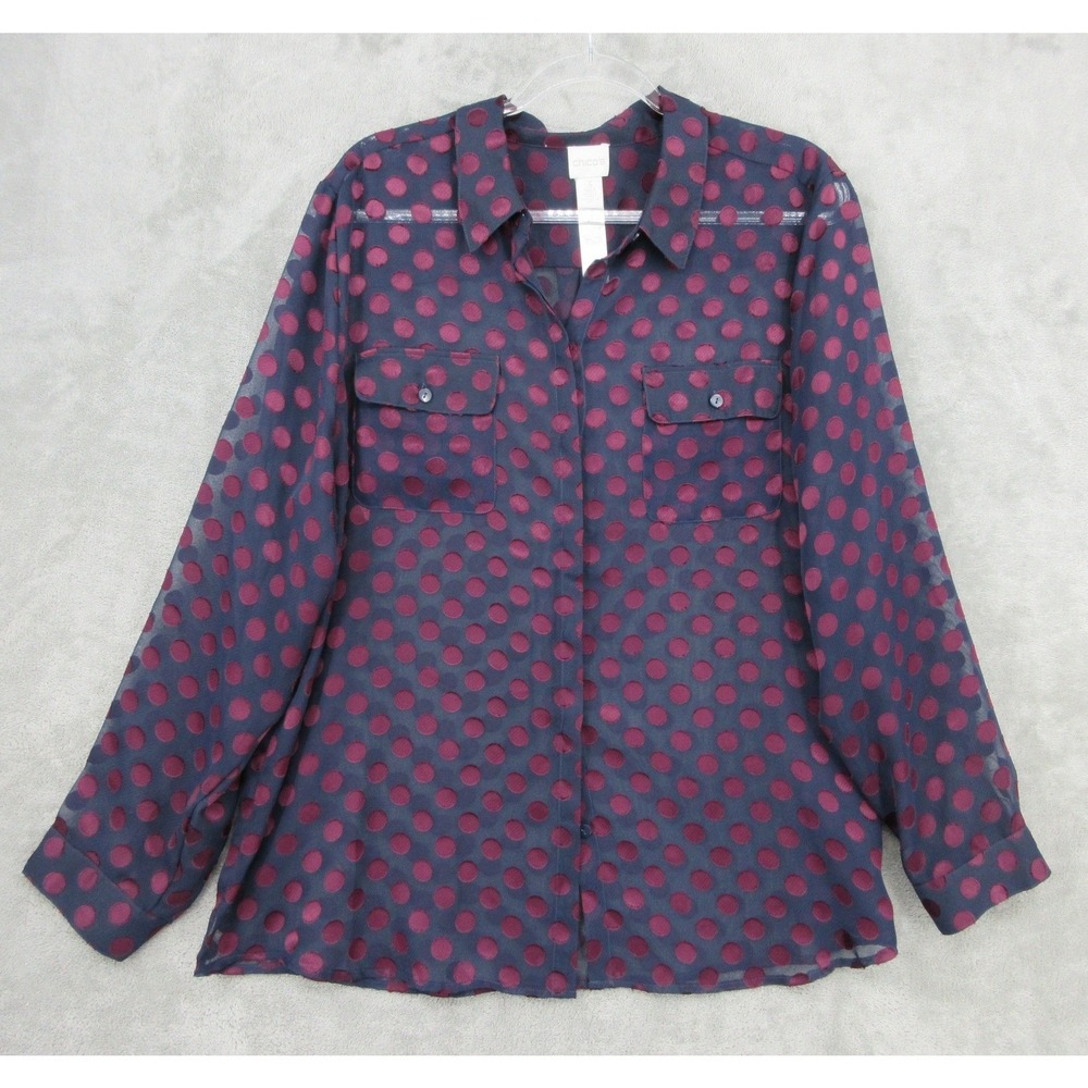 Chicos Blouse Womens 3 US XL Polka Dot Sheer Button Front Pockets Office Navy